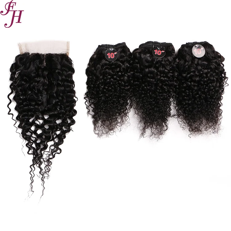 

FH High Quality 100% Raw Virgin Human Hair 10 Inches Natural Curly Wave Hair Bundles With Lace Closure