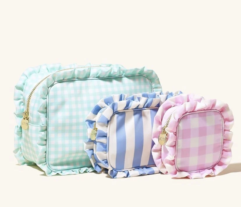 

Small MOQ lotus leaf edge cosmetic bag frills chequer colorful nylon pouch make up bag gingham pouch ruffles bag, Customized