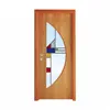 Marvelous mahogany wood door with half circle colorful glass for balcony