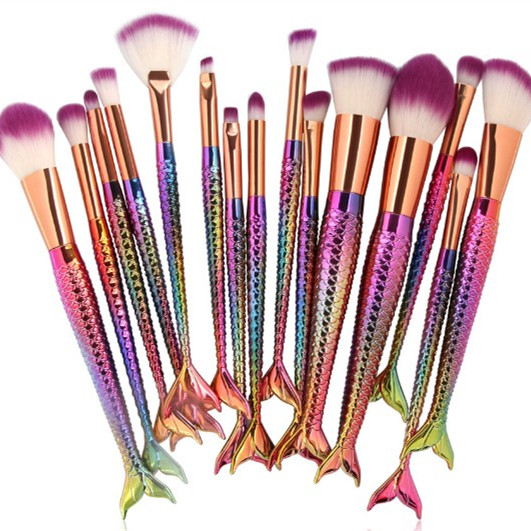 

15 pcs Soft Comfortable Mermaid Shape Private Label wholesale high quality professional Makeup Brush Set for girls, Pink,black,brown or customized