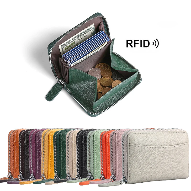 

Zipper card cases holder for men women RFID blocking genuine leather wallet small credit card wallet