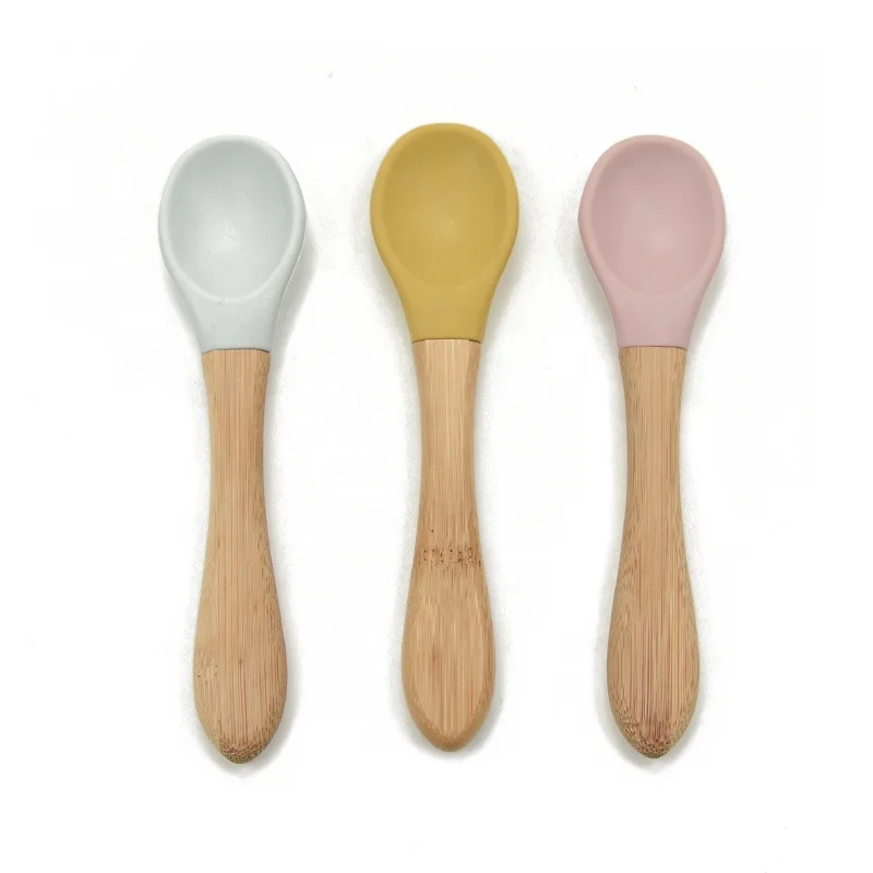 

Amazon Hot Sales Baby Feeding Supplies Eco Friendly Bamboo Wooden Silicon Spoon Set Food Grade Children Toddler Utensils Cutlery, Green, blue, pink