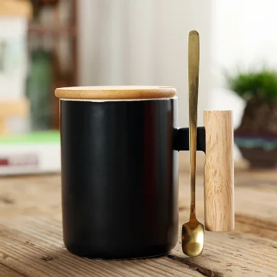 

Wholesale Custom Printed Coffee Tea Cup Set, Bamboo lid ceramic cup with lid and spoon, wooden handle ceramic coffee mug, Gray, white, green, black, white...