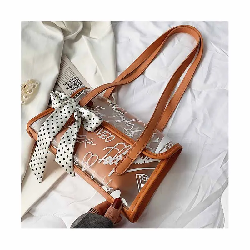 

Fashion Graffiti Printing Women Bow Shoulder Bag INS Style Transparent PVC 2 In 1 Bag Set Young Girls Ladies Commuting Hand Bag