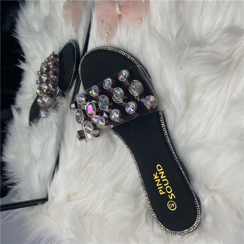 

PDEP hot sale summer sandals for ladies big size plain footwear open-toe beautiful rhinestone flat women slipper, Pink,black,color
