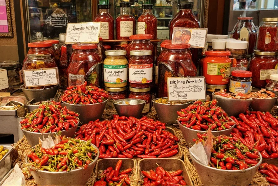 New York specialty food market displaying various chili peppers, spices, and ingredients for making authentic New York-style chili