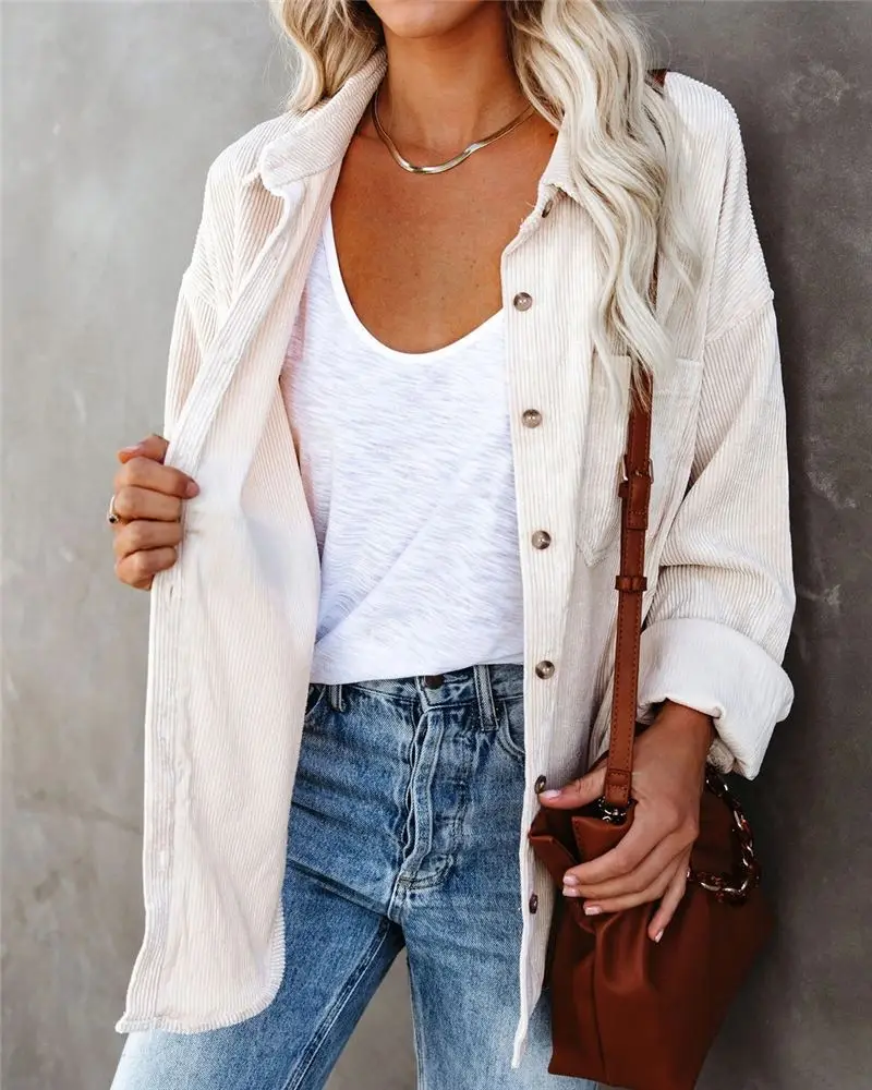 

Hot sale of loose shirts long sleeve ladies' blouses corduroy women plus-size casual tops, Picture color