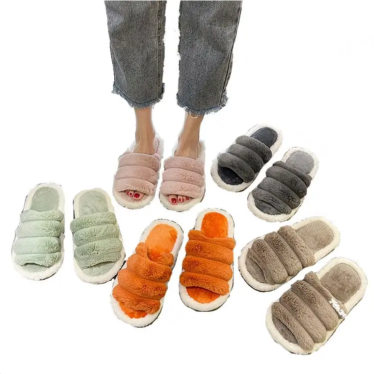 

2021 New home autumn/winter slippers Large size cotton fluffy slippers D11585, Green/gray/coffee/pink/orange
