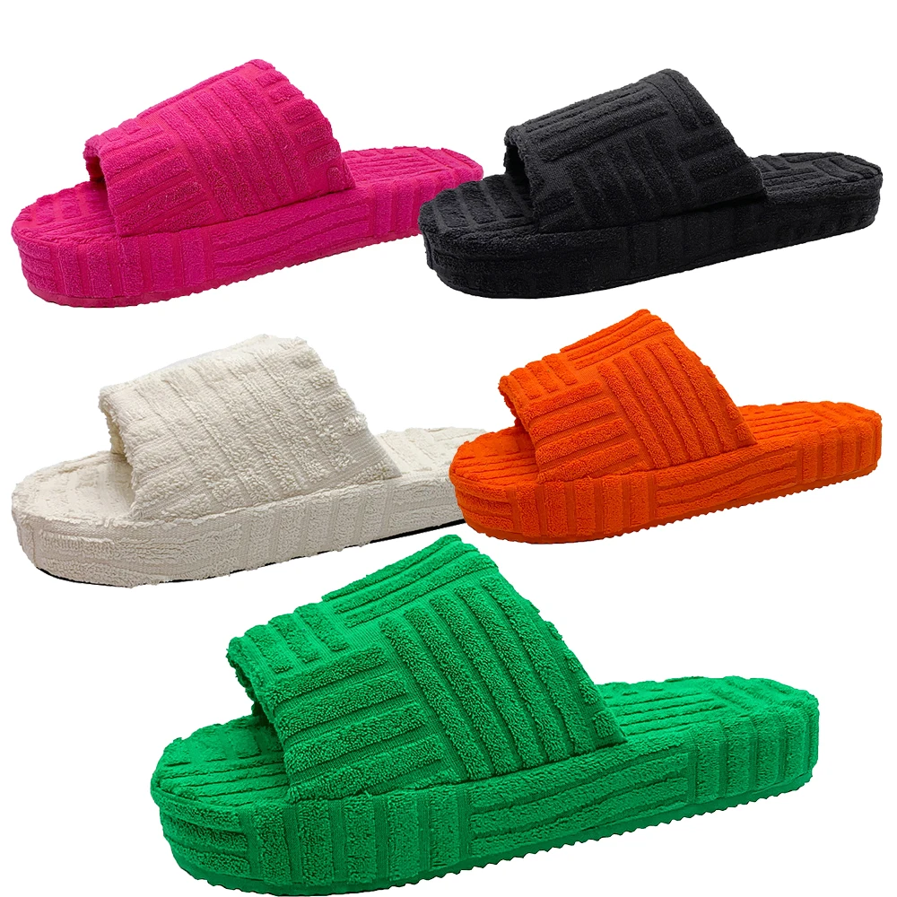 

2022 New Cotton Towel Platform Sandal Slides Slippers Solid Color Flat Sandal