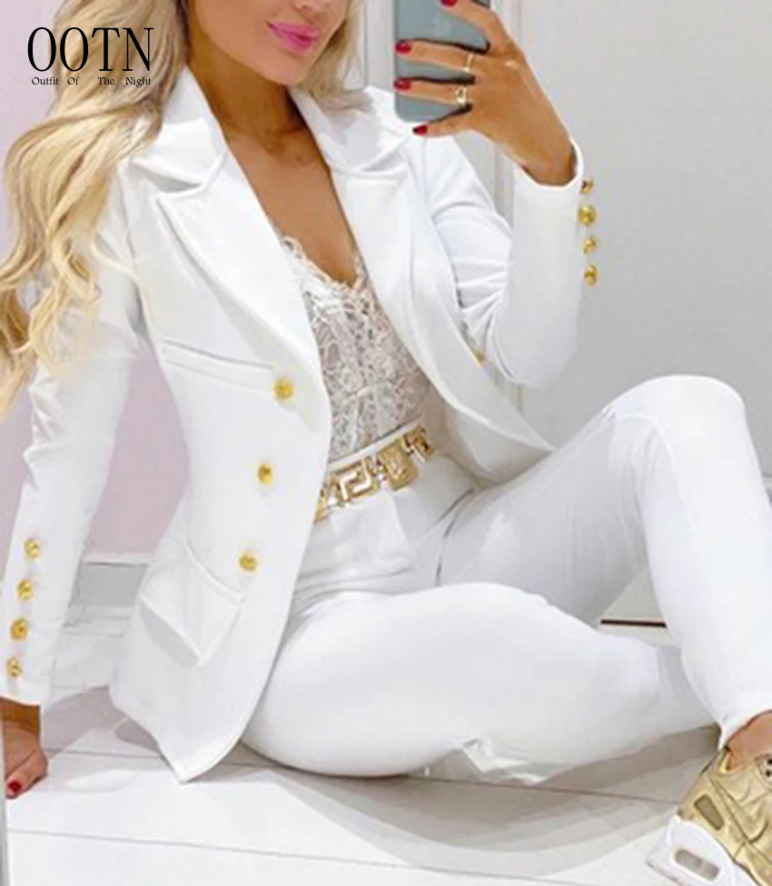 

OOTN Office Lady Tracksuit Two Piece Set Fitness Outfits Autumn Winter Streetwear Women's Set Long Sleeve Blazer Pants Suit