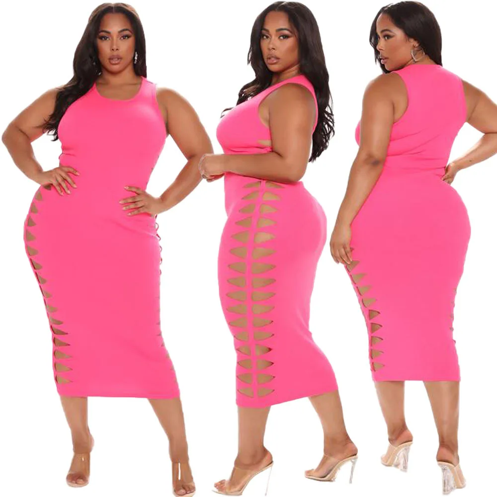 

Lovely European and American sexy plus size women's dress, solid color burnt flower round neck plus size dress, Picture color