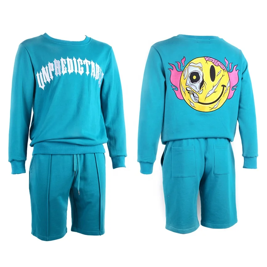 

New cotton spandex custom embroidered logo crew neck 2piece short sweater and sweatshirt mens set