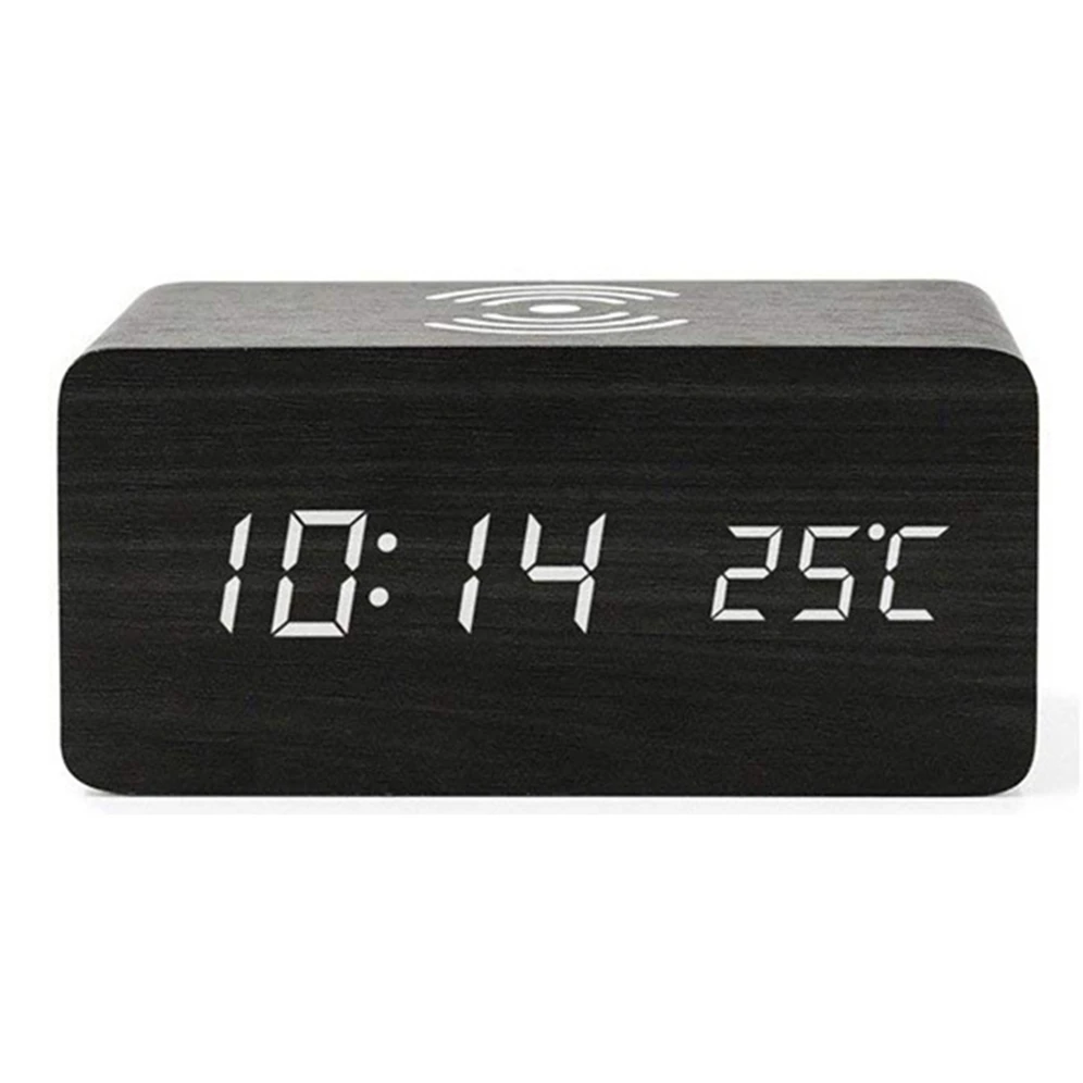 

Best Gift Promotional Phone Wireless Charging Modern Led Home Desk Alarm Display Digital Wooden LED Clock