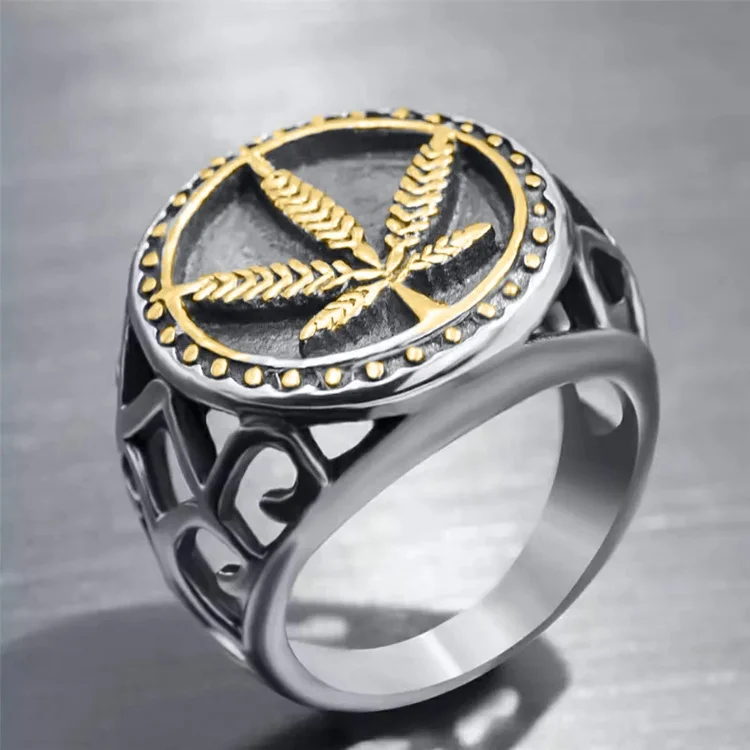 

Factory Wholesale Custom Luxury Cool Hollow Design Round Maple Leaf Signet Cubic Zirconia Finger Hip Hop Mens Rings, Gold, silver