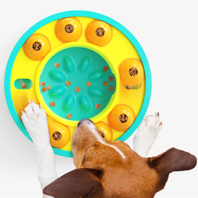 

Educational Dog Toy Pet Feeding Bowl Game Plate Mobile Leaking Turntable Plastic Slow Feeder, Picture shows