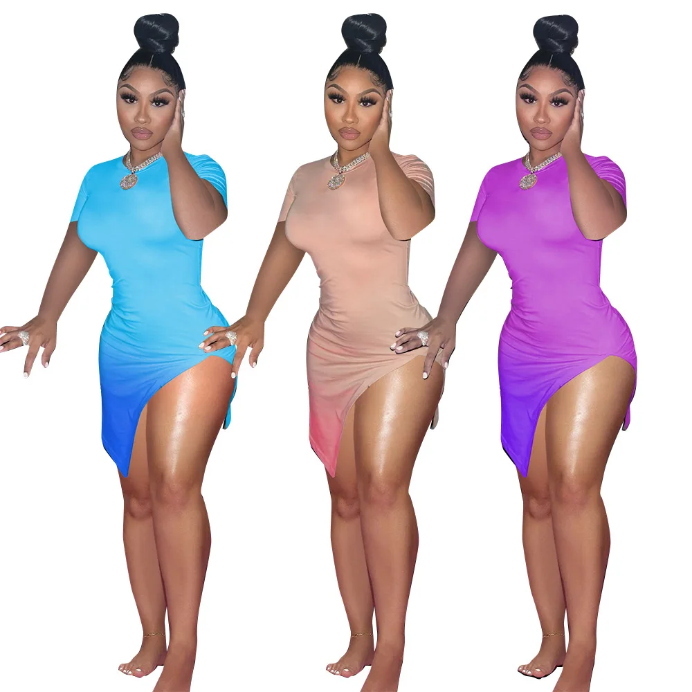 

2021 New Arrival Summer Color Gradient Design Slit Short Lady Elegant Sexy Clothes Girl Casual Bodycon Dress Women Clothing, Picture