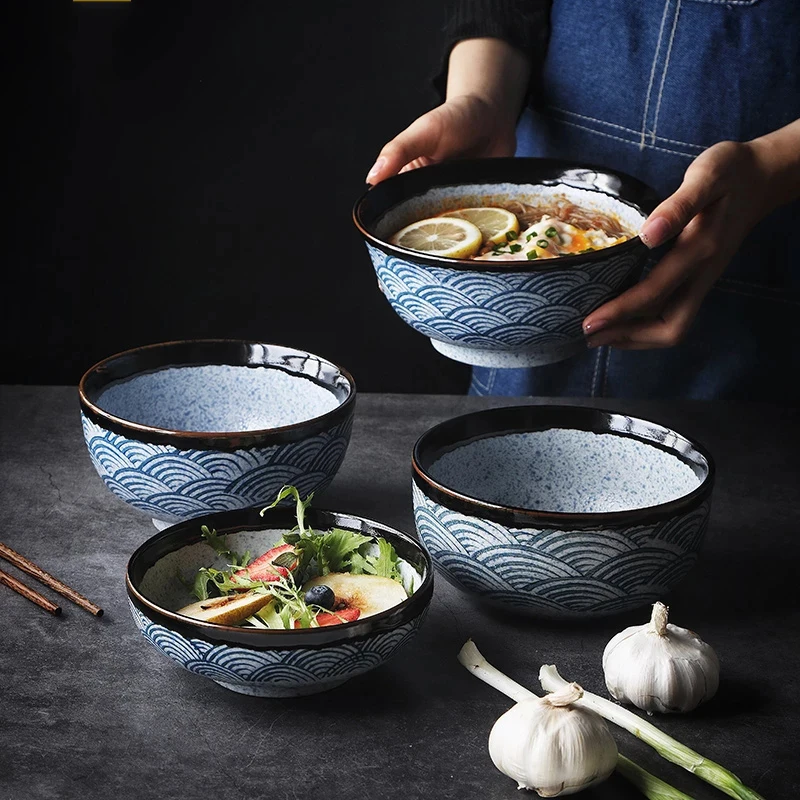 

The Latest Design Restaurant Kitchen Japanese Salad Soup Rice Bowl Ceramic Ramen Bowl Set Porcelain Bowl, Blue