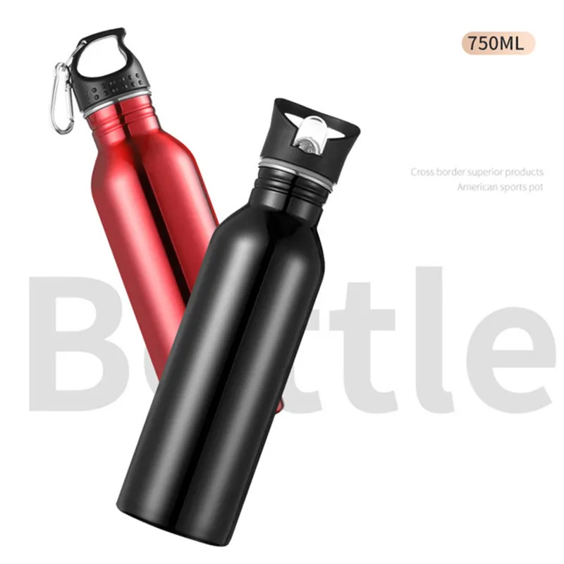 

750ml Sports Outdoor Straw 304 Stainless steel Portable Handle Lid Water Bottle With Mountaineering Buckle Kettle