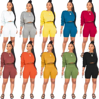 

2Pcs Women Short Outfits Long Sleeve Round Neck T-shirt Side Pocket Biker Shorts Casual Clothes Set, Multi color