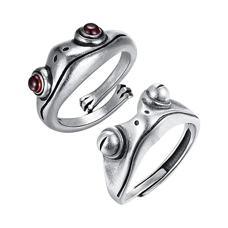 

Wholesale Artistic Design Retro Silver Ring Jewelry Personalized Creative Adjustable Red Big Eyes Frog Rings for Women Men