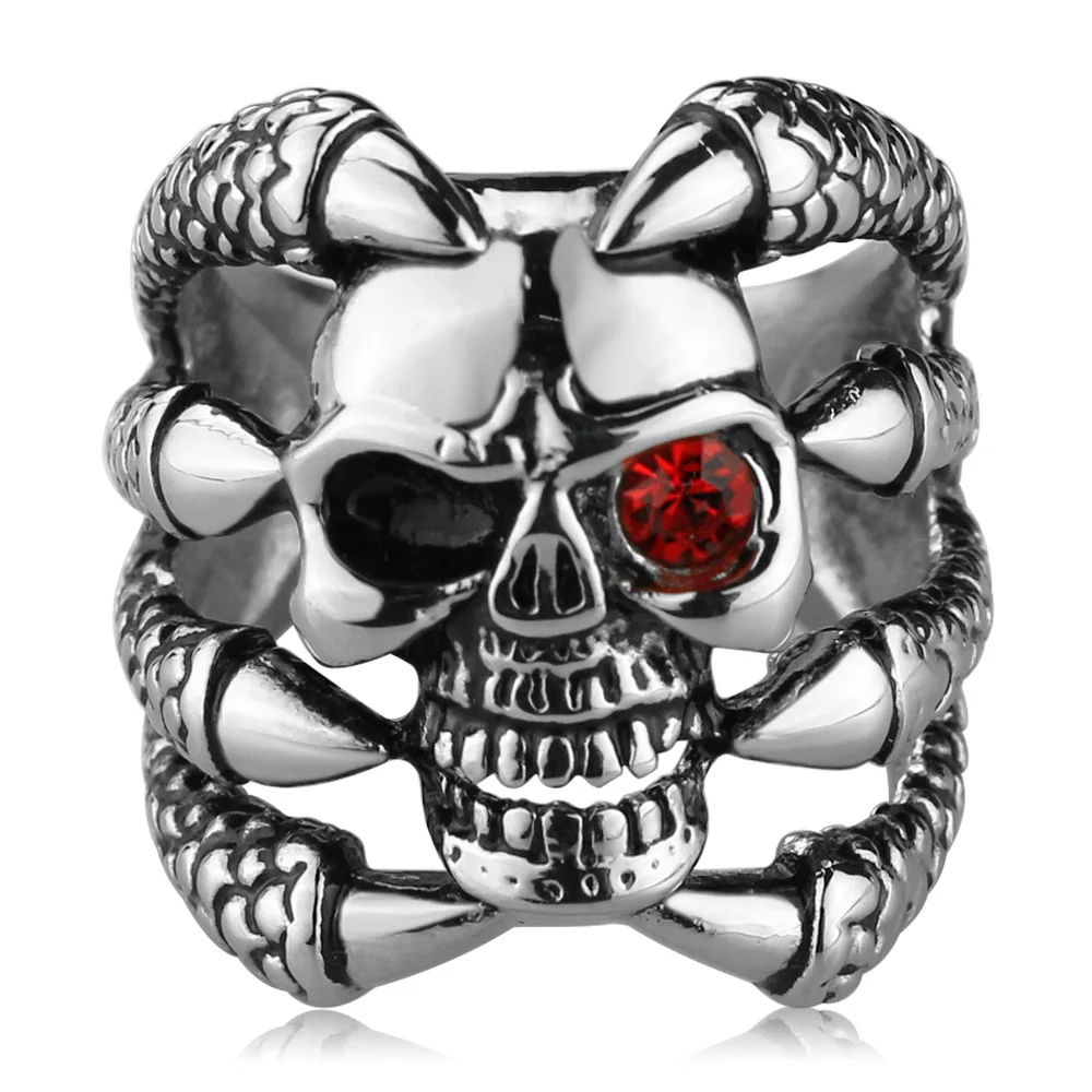

Halloween Gift Fashion Jewelry Crystal Skull Claw Ring Ruby Eyes Silver Ring 316 Stainless Steel