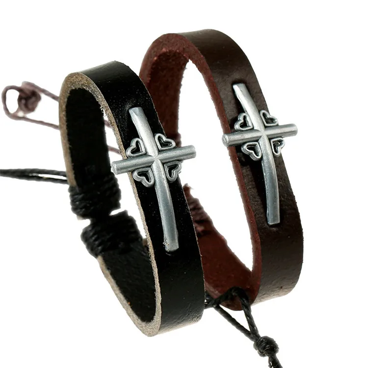

2022 Europe and America popular jewelry retro Cross Leather alloy bracelet personality cowhide braided rope bracelet