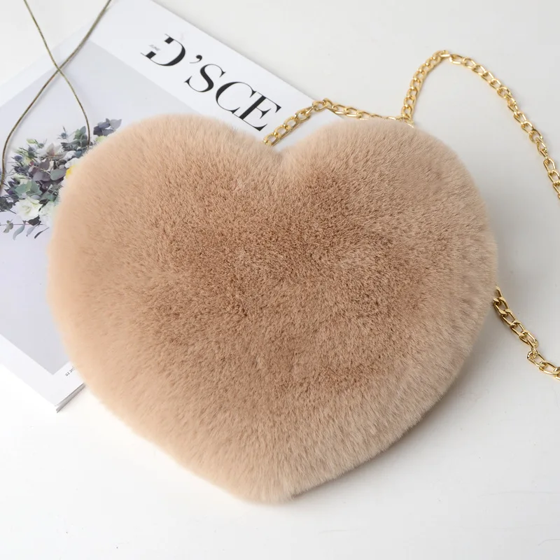 

Hot Sale Wholesale Handmade Fluffy Faux Fur Chain Heart Shape Hand Bags for Ladies Girls, 7 colors