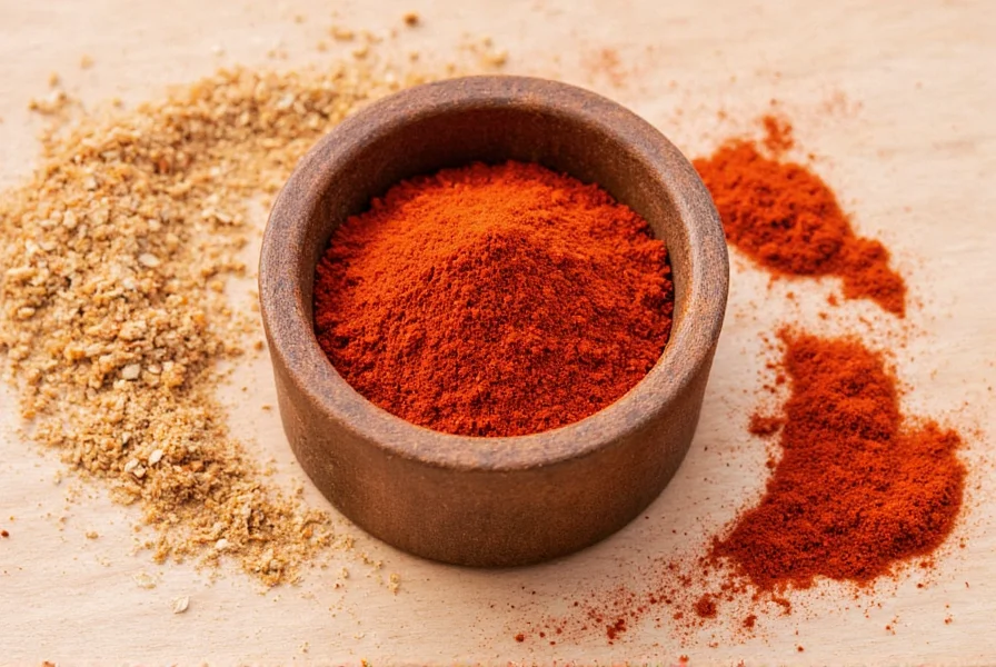 Various chili powders in glass containers showing different colors from bright red to deep burgundy