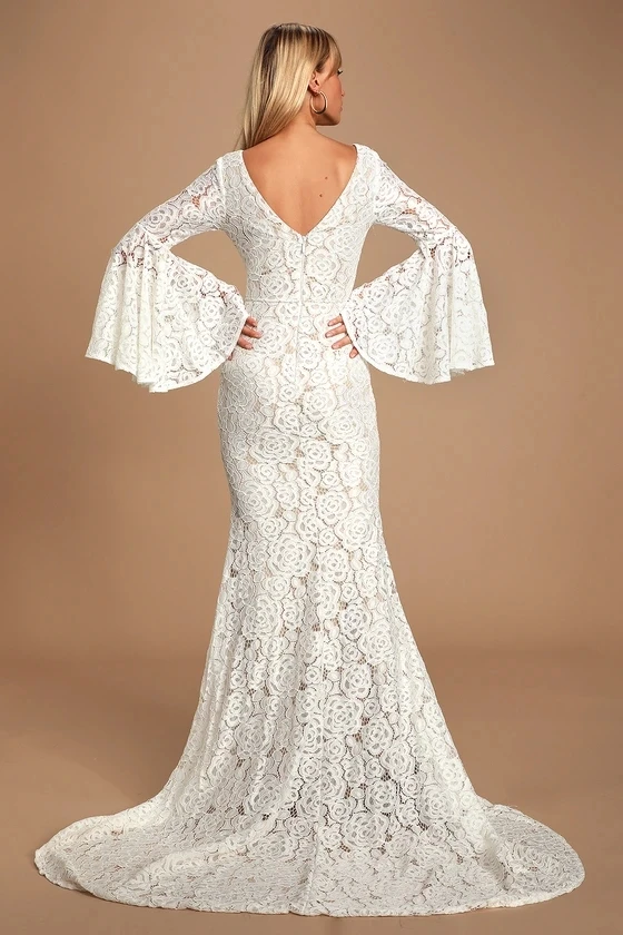 Special design whute embroidery lace fabric wedding dress bridal gown