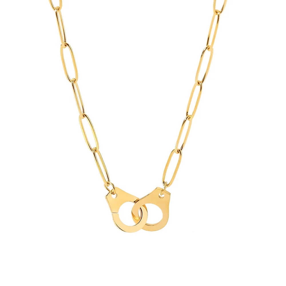 

18k Gold Plated Handcuffs Shape Paperclip Chain Titanium Stainless Steel Hip Hop Necklace