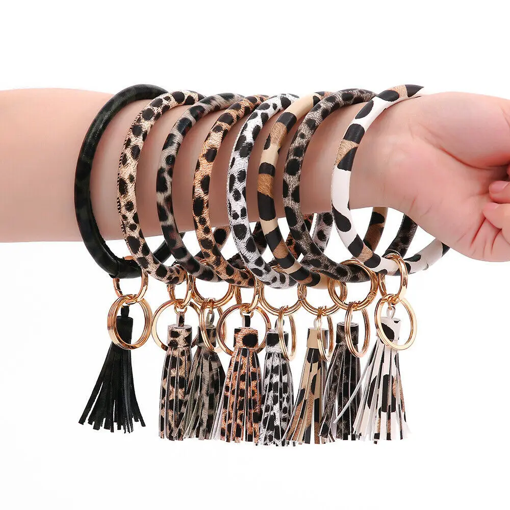 Leopard Print Keyring Bracelets Wristlet Keychain Bracelet Circle Key Ring Bangle Key Ring Chain