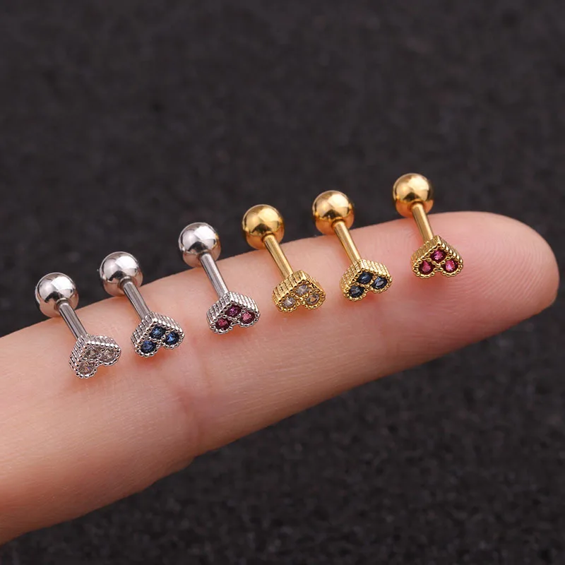 

2021 Sailing Piercing Jewelry Heart Love Charms CZ Cartilage Stud Earrings Earlobe Heart Love Screw Back Stud Earring