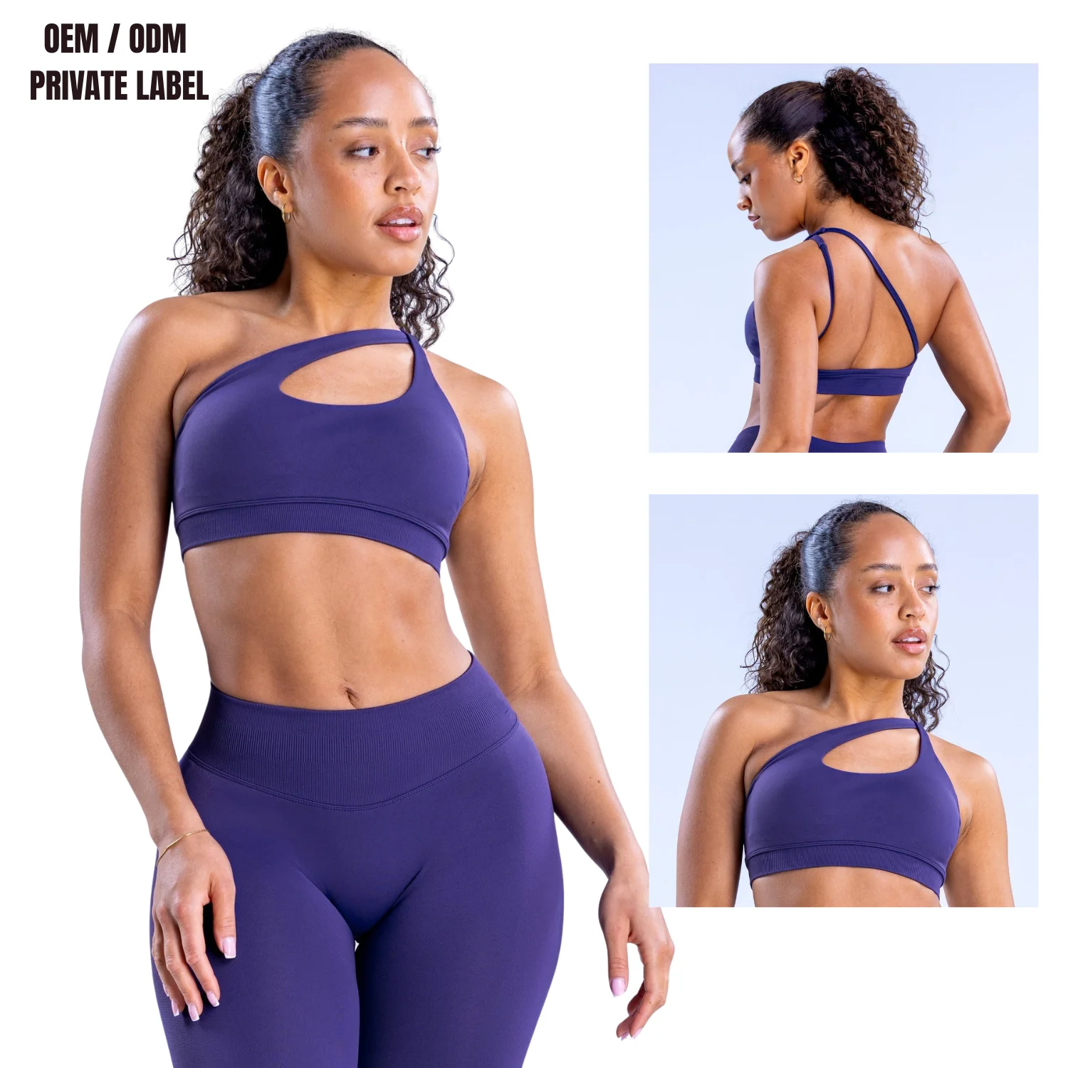 Custom Logo Seamless One Shoulder Sports Bra Women Asymmetric Open Back Adjustable Strap Padded Yoga Gym Bra