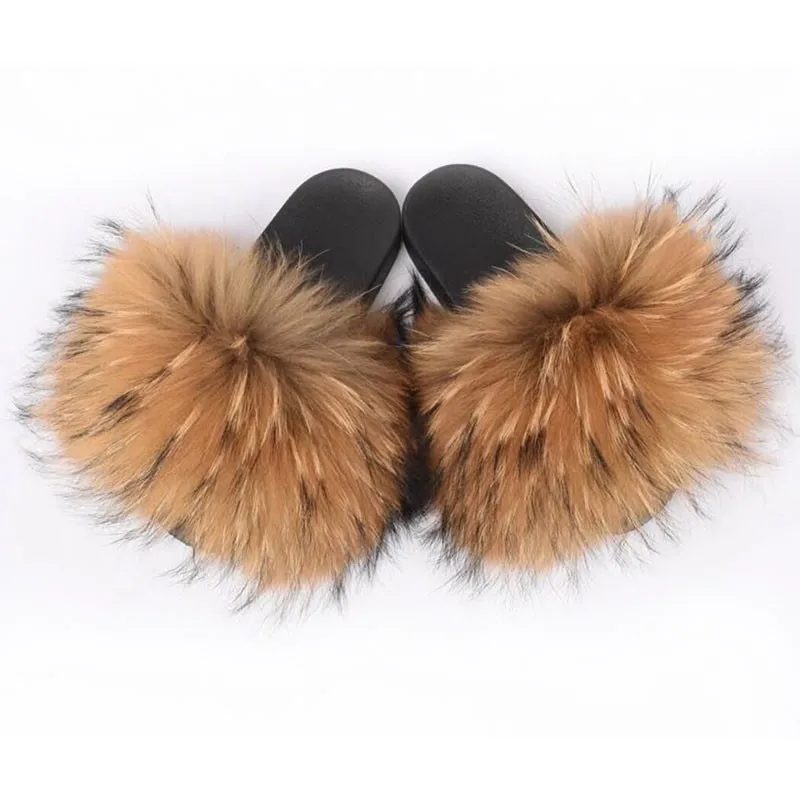 

Newest plush fashion Luxury fur sandals real fox fur slides soft raccoon fur slippers, Customized color