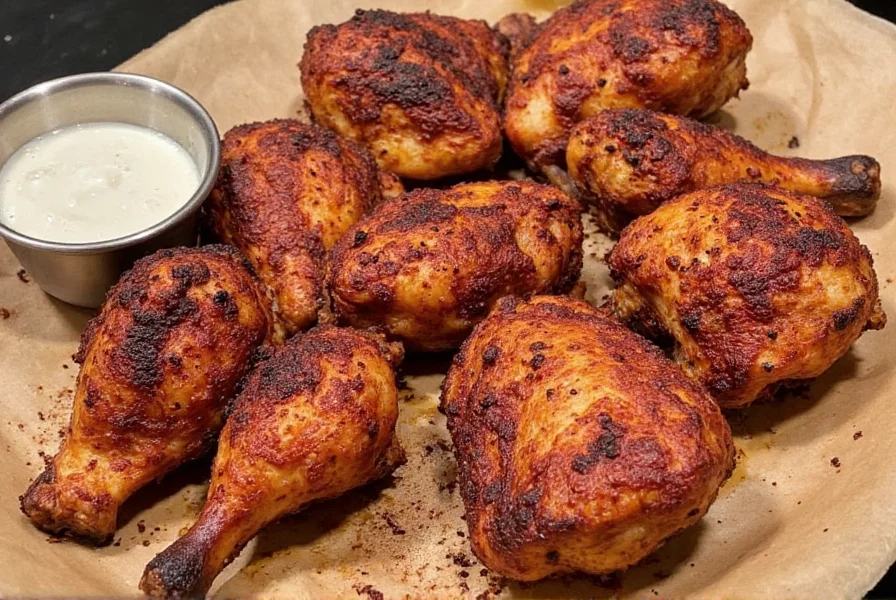 Platter of blackened BBQ chicken with sides