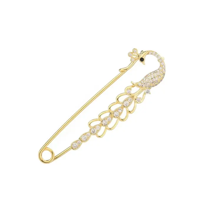 

Wholesale fashion women peacock zircon 18K gold plated decorative pearl jewelry fashion brooch high quality muslim hijab pins