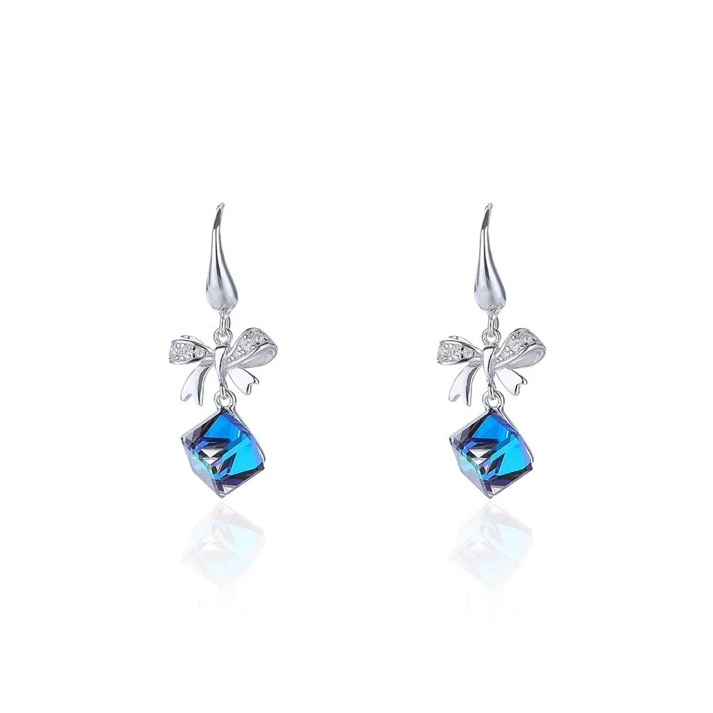 

High Quality Cute S925 Sterling Silver Jewelry Bow-Knot Cube Crystal Statement Drop Earrings