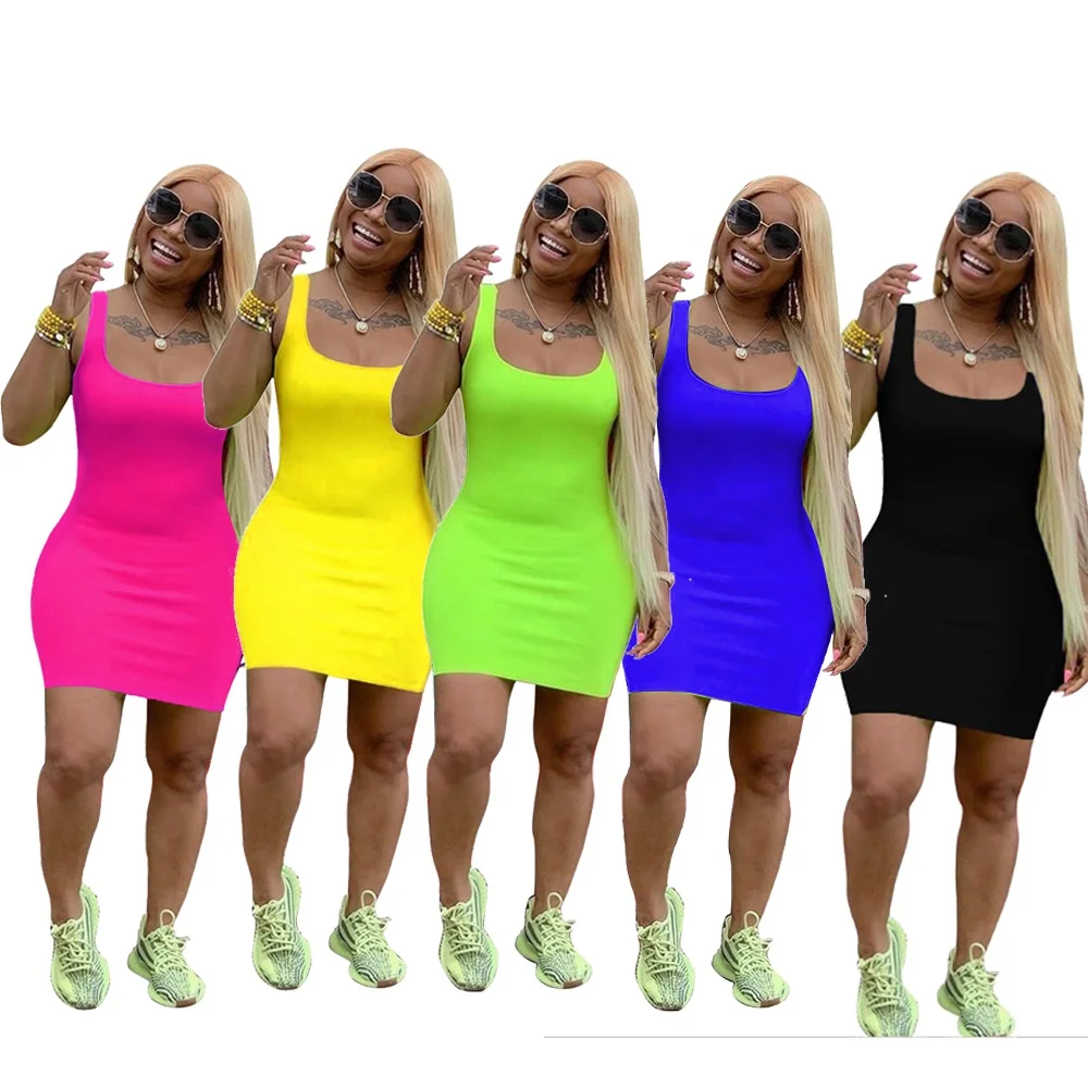 

LANOZY European and American Sexy Sleeveless Mini Skirts Beach Bodycon Short Dress, 5color
