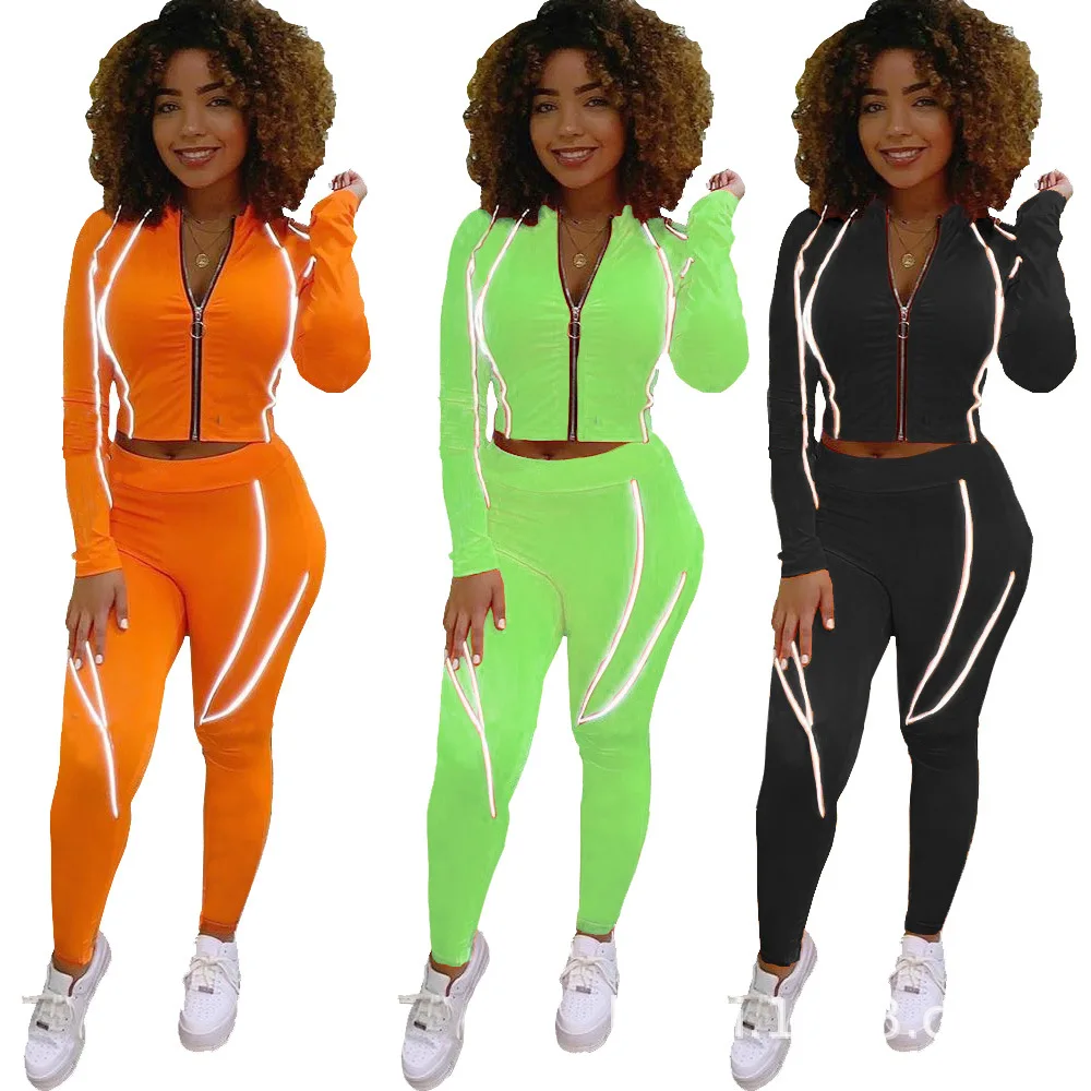 

Fashion Women's Full Sleeve Zipper Short Tops Women Reflective Tracksuits Neon Clothing Casual Two Piece Set, Orange/black/fluorescent green