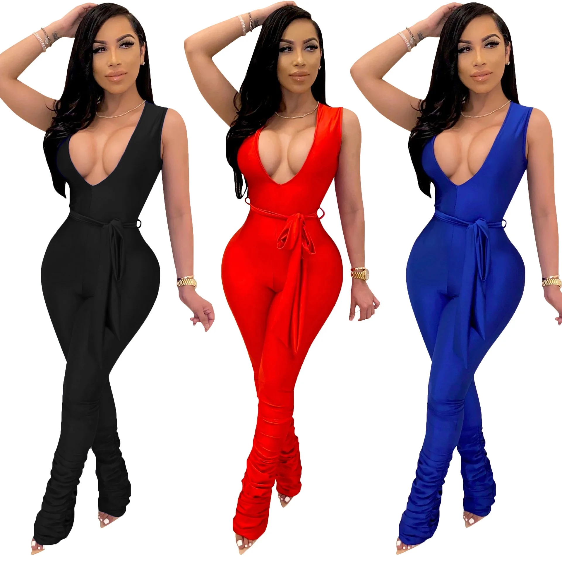 

AI46-717 ladies personality casual solid bandage bodycon jumpsuit