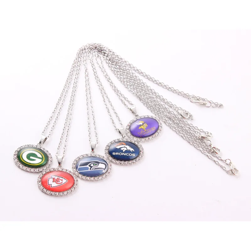 

Wholesale NFL 32 football teams logo oval rhinestone pendant charms nfl team necklaces chain