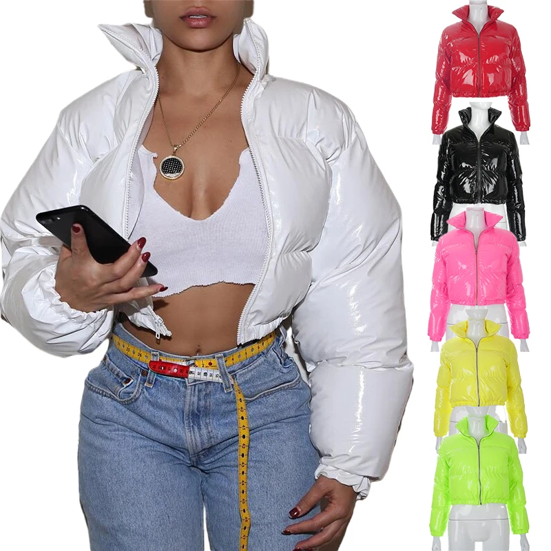 

2022 Winter Solid Women Crop Puffer Down Jacket Bomber Jacket Bubble Coat Women Long Sleeve Thick Zipper Bubble Jackets