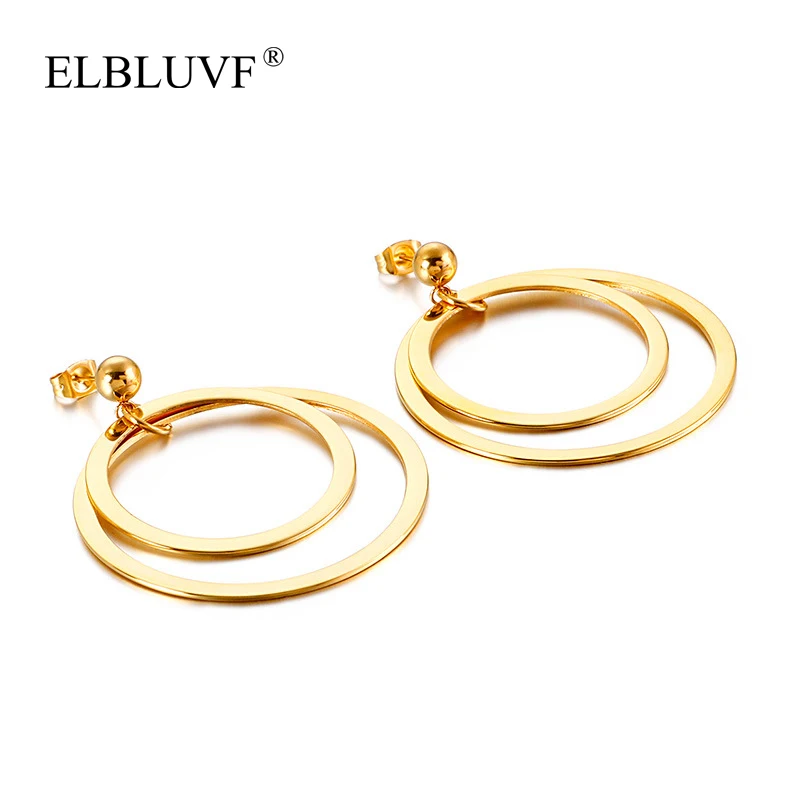 

ELBLUVF Free Shipping Women Stainless Steel Gold Plated Fashion Geometric Shape Double Circle Earrings