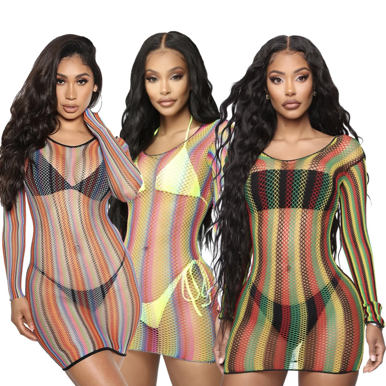 

Amazon new European American sexy women super elastic diamond net beach dress women long sleeve see-through colorful club dress