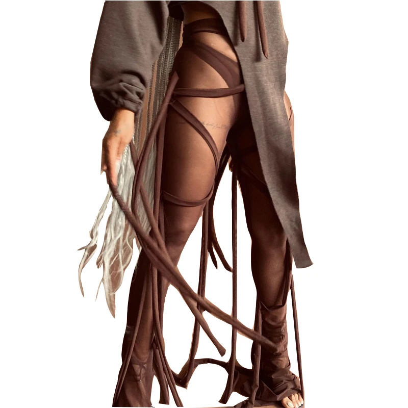 

INS hot sale women solid bandage thoursers sexy see through mesh pants high waist pants sexy girls' pants