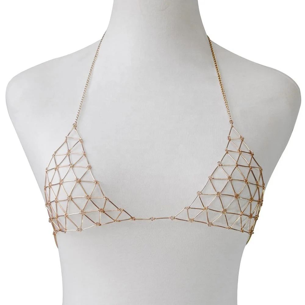 

B51738A Lately design women sexy body chain fashion halter bra chain, Gold/silver