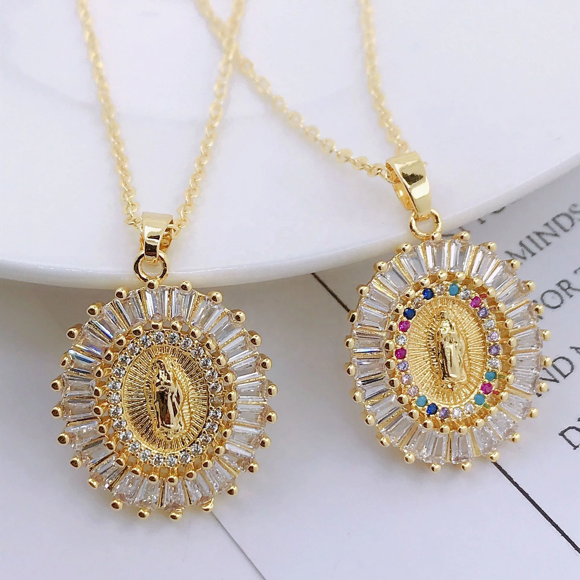 

Unique 18K gold plating religious Virgin Mary full diamond pave inlay bling baguette T zircon pendant necklace jewelry for women, As the pic show