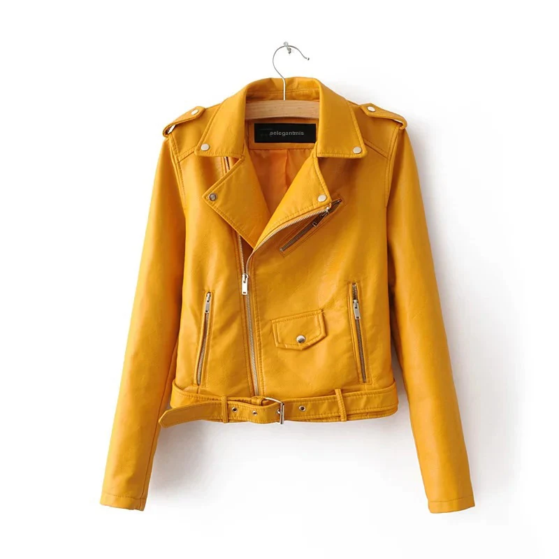 
Ladies Basic Street Coat Crop Tops Zipper Motorcycle PU Leather Jacket 