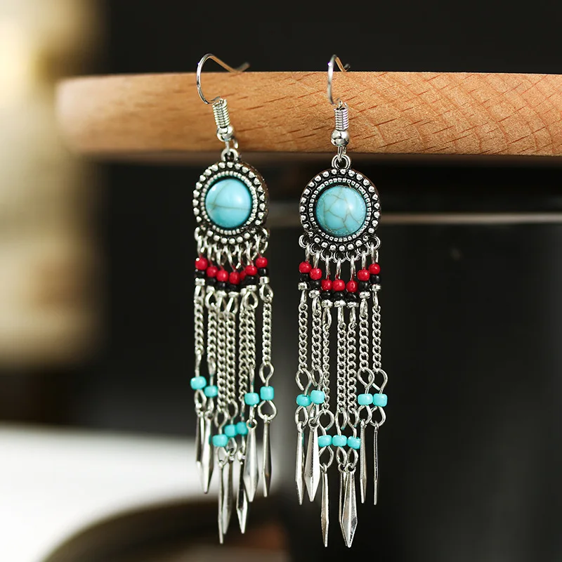 

Drop shipping 2021 american popular women fashion antique bead creative long chain tassel retro turquoise earrings, Picture shows