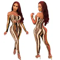 

0819M276 high quality 2020 fashion long sleeve off shoulder woman sexy striped print jumpsuit